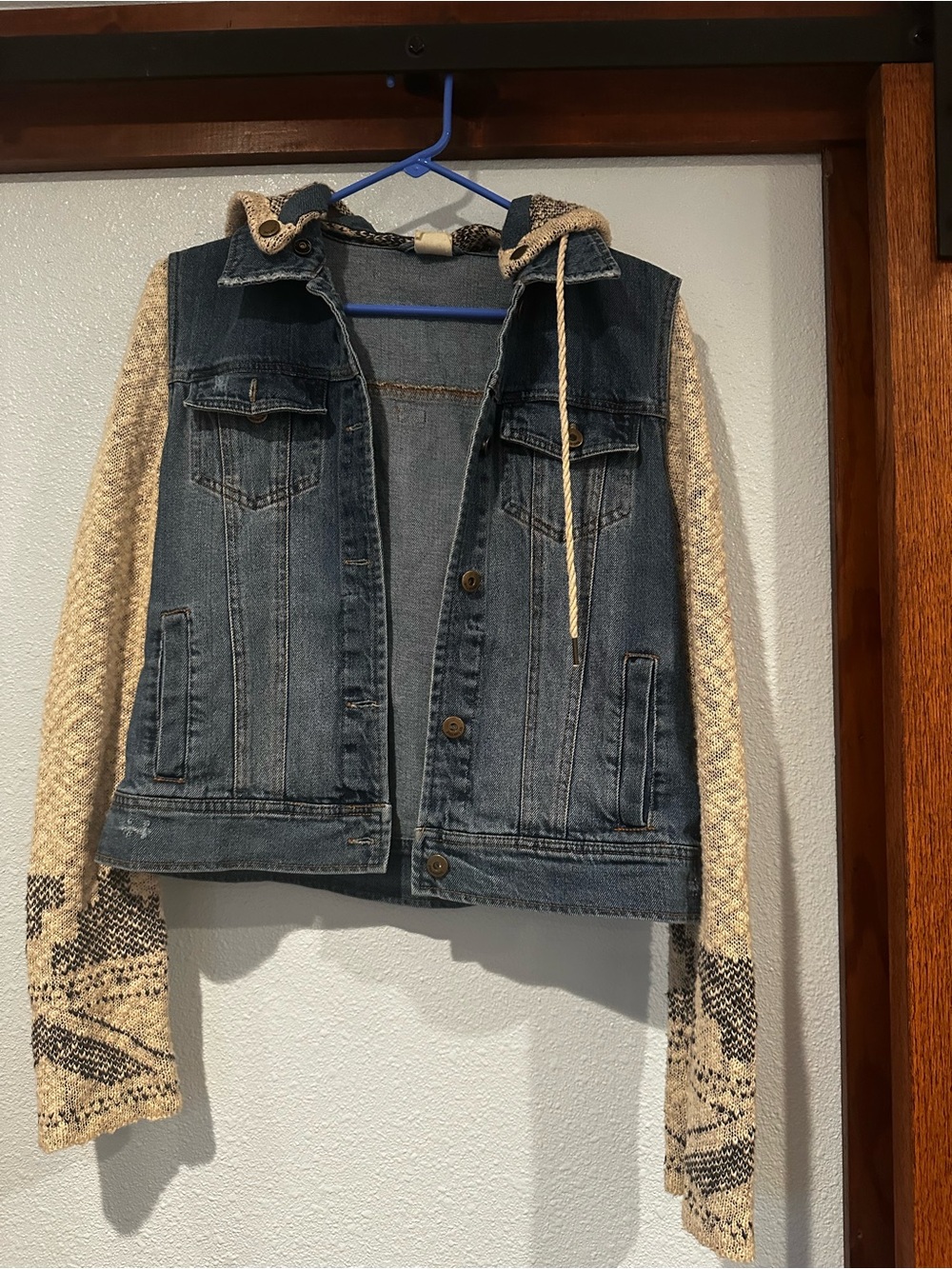 Billabong Blue Denim Jacket with Cream Knit Hooded Sleeves